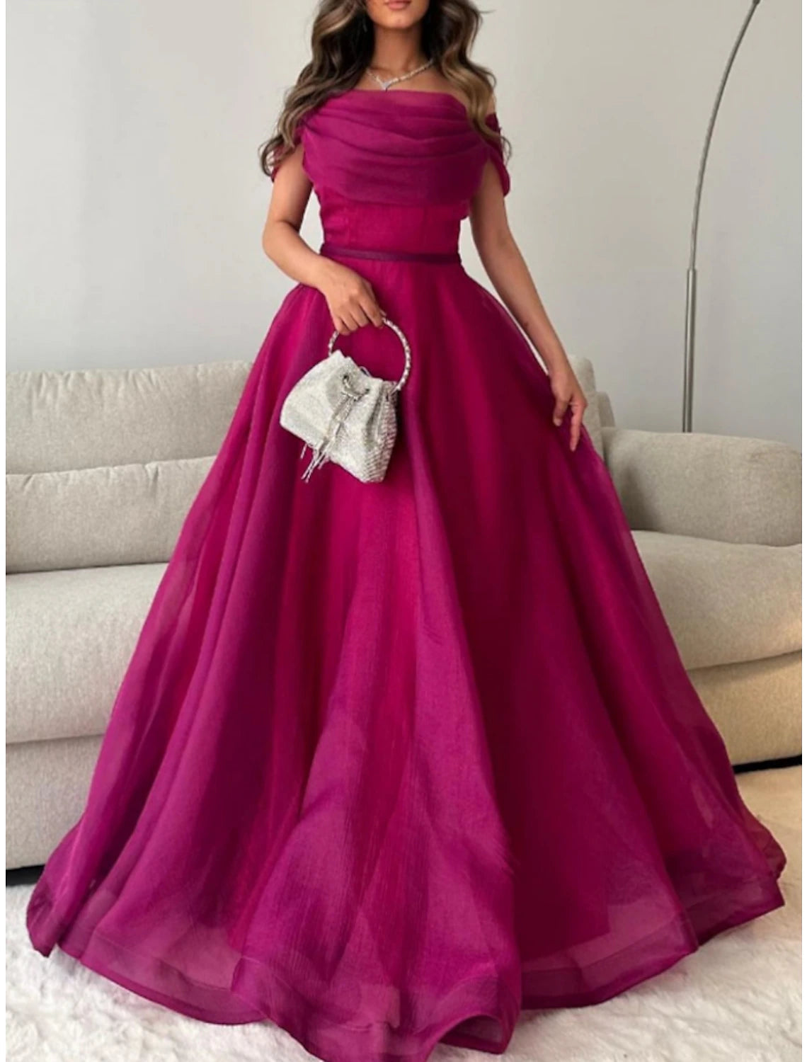 A-Line Prom Dresses Elegant Dress Formal Sweep / Brush Train Short Sleeve Off Shoulder Tulle with Pleats Ruched 2025